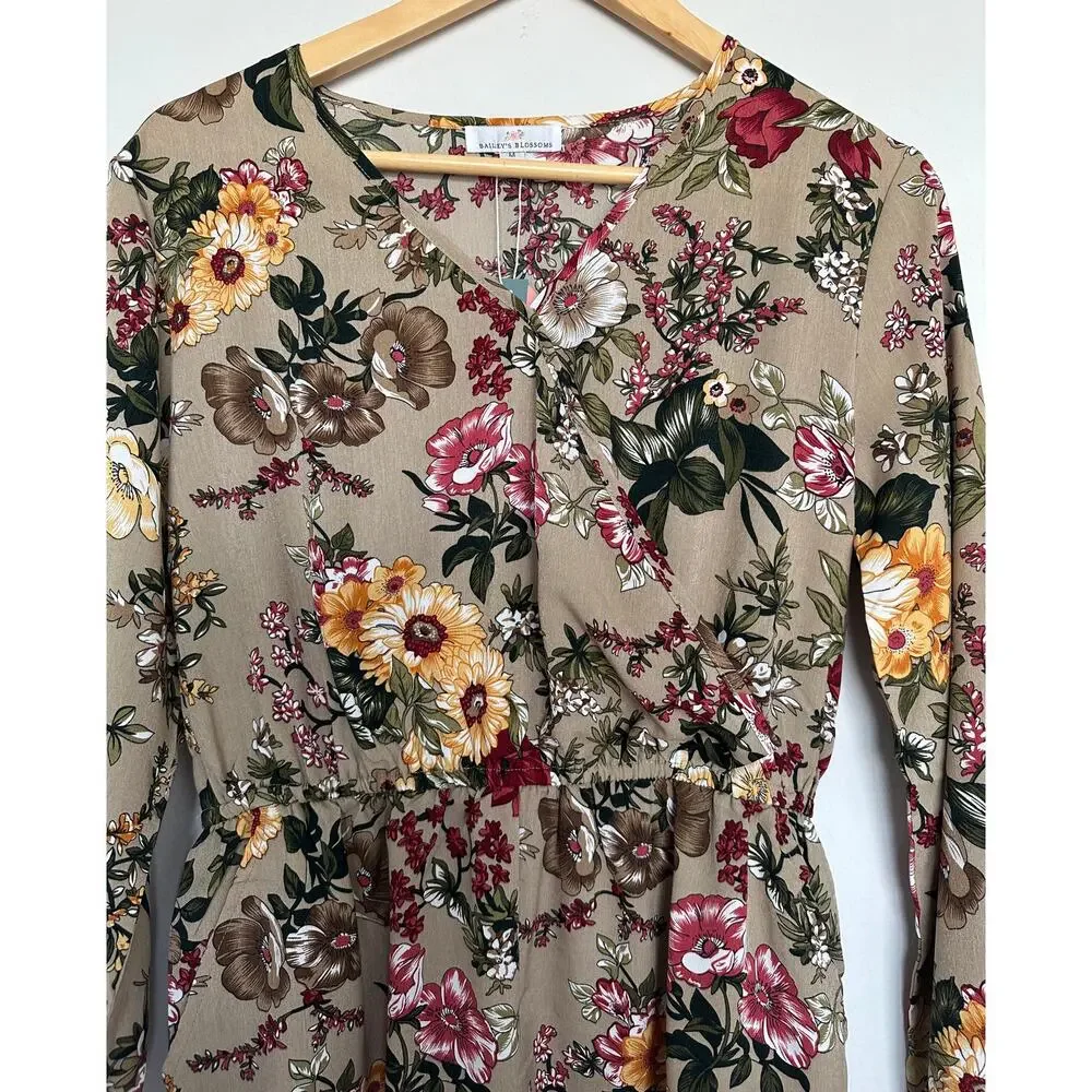 Bailey's Blossom Floral Long Sleeve Romper Tan Medium NWT - Picture 2 of 10